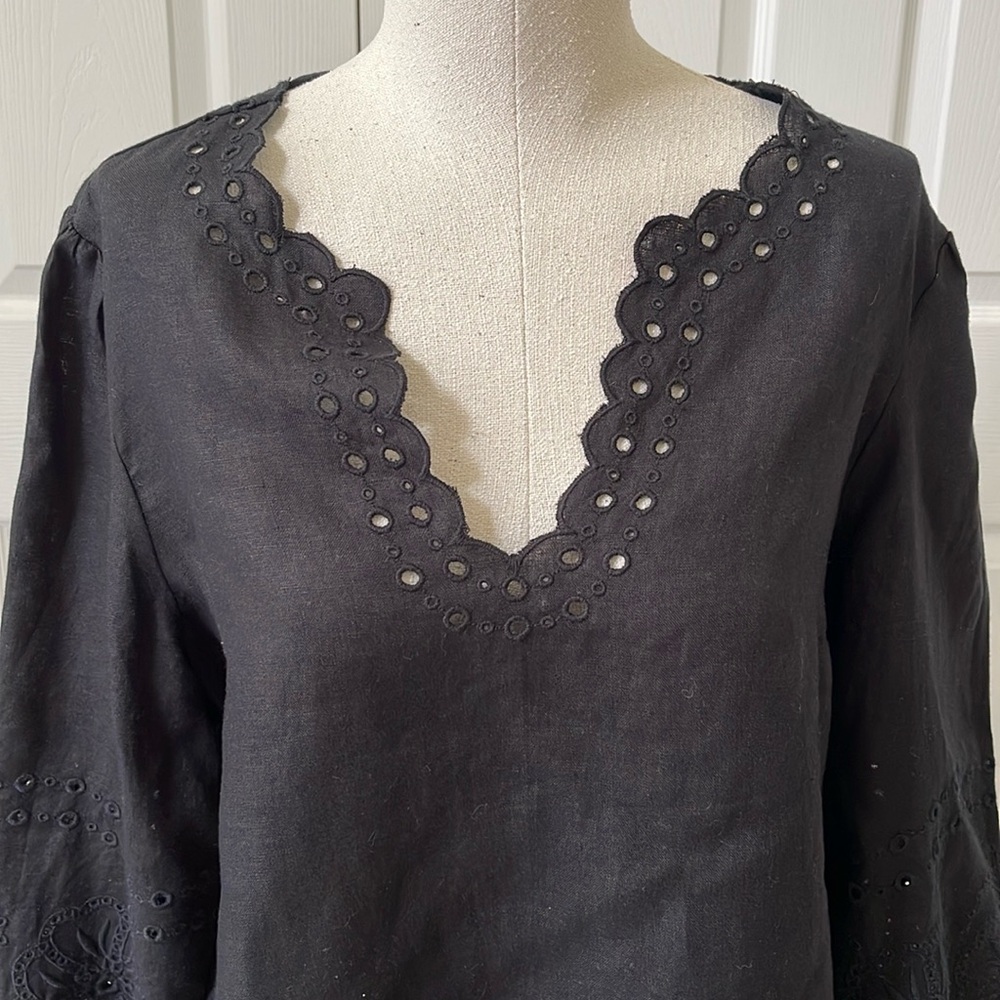 J. Crew Black Eyelet V-Neck Linen Top